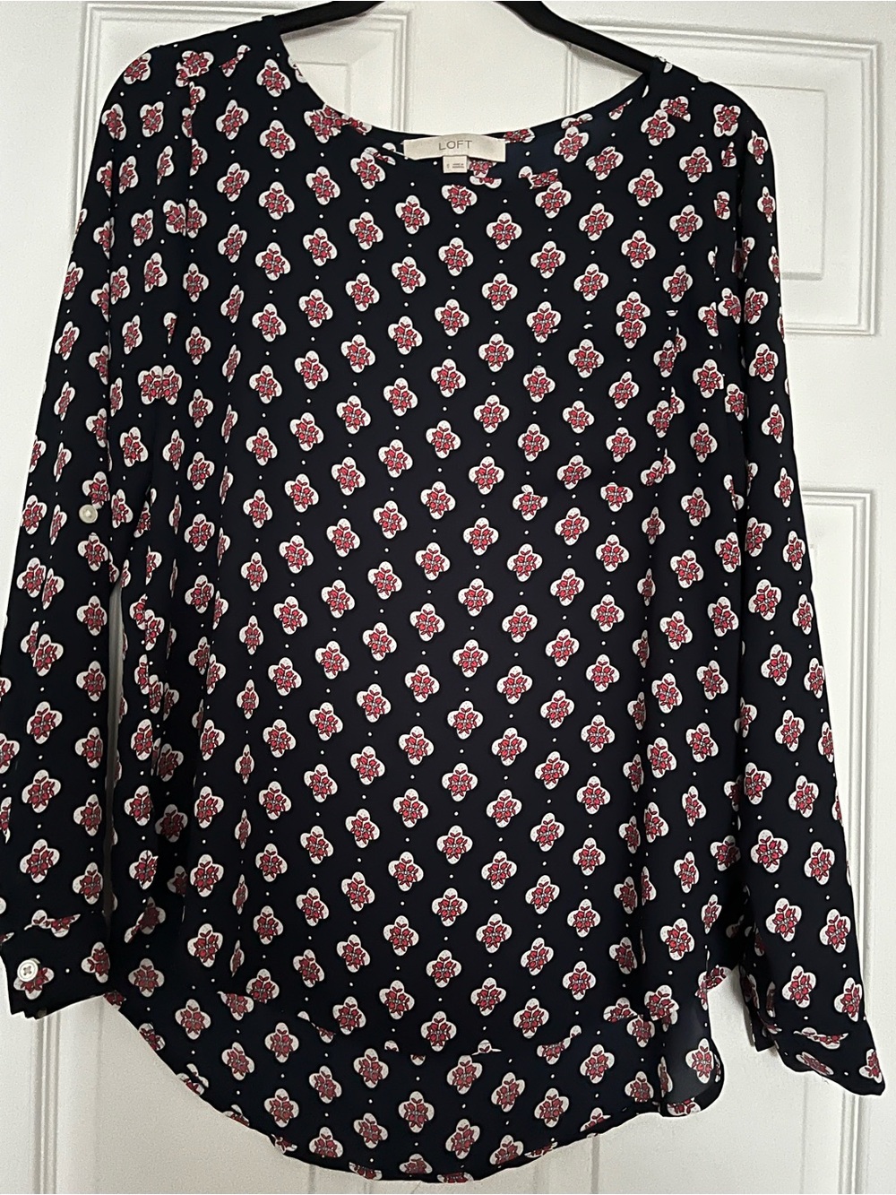 LOFT Navy Red and White Floral-Print Long Sleeve Blouse
